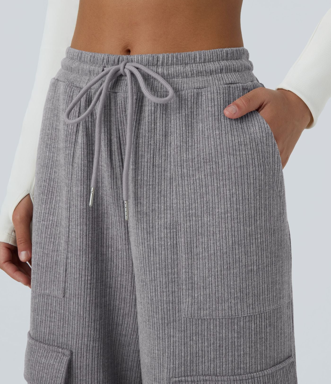 Pantalon cargo décontracté large à cordon côtelé, taille mi-haute, avec poches