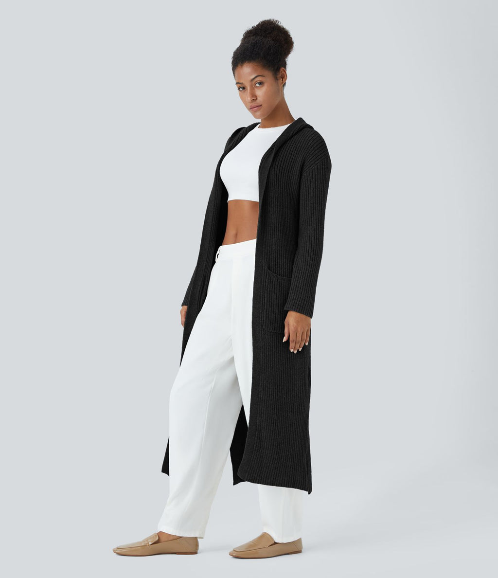Cardigan long casual à capuche, manches longues et poches