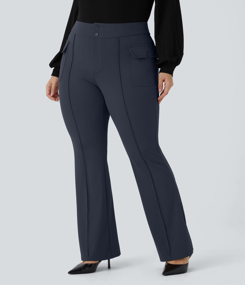 Pantalon cargo évasé taille haute grande taille avec poches à rabat latérales