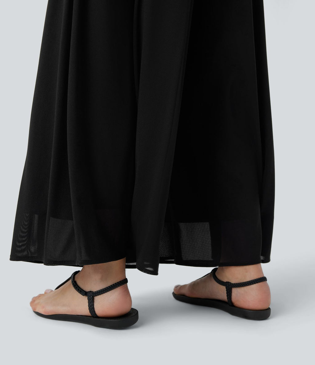Pantalon fluide et ample avec superposition en mesh, poches latérales et taille haute