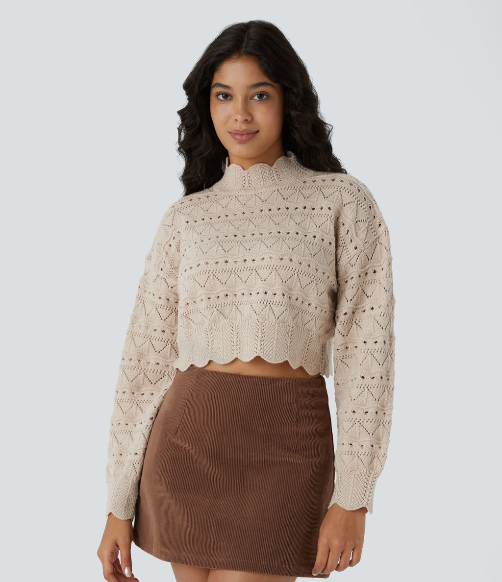 Pull décontracté à col montant, manches évêque, ourlet festonné et maille ajourée