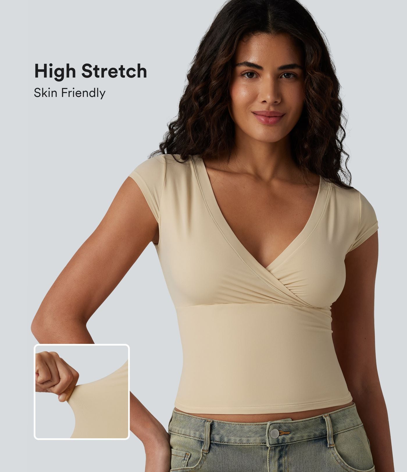 T-shirt décontracté ultra-ajusté col V manches courtes extensible et doux pour la peau
