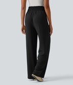 Pantalon droit décontracté aspect lin taille haute à nouer devant avec poches