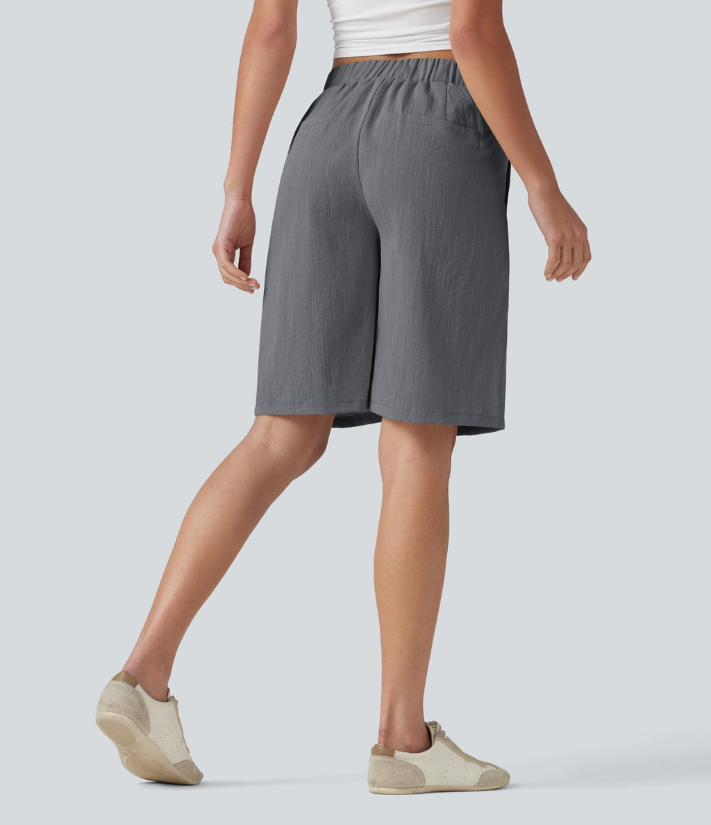 Short tailleur bermuda aspect lin taille mi-haute asymétrique 25 cm avec poches
