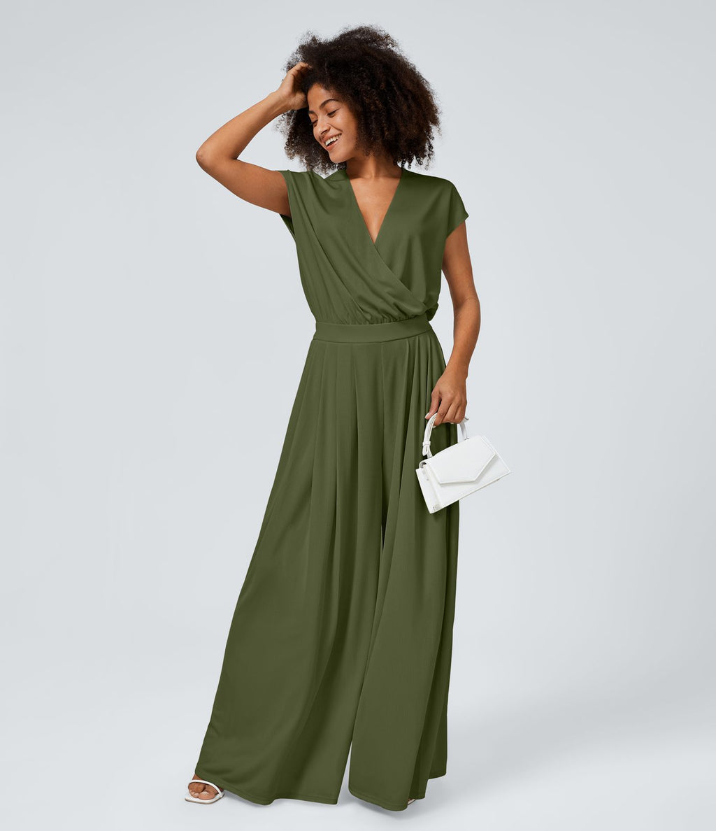 Combinaison Casual Col en V Jambes Large Plissée Manches Courtes Poche Latérale Gaufrée Fluide