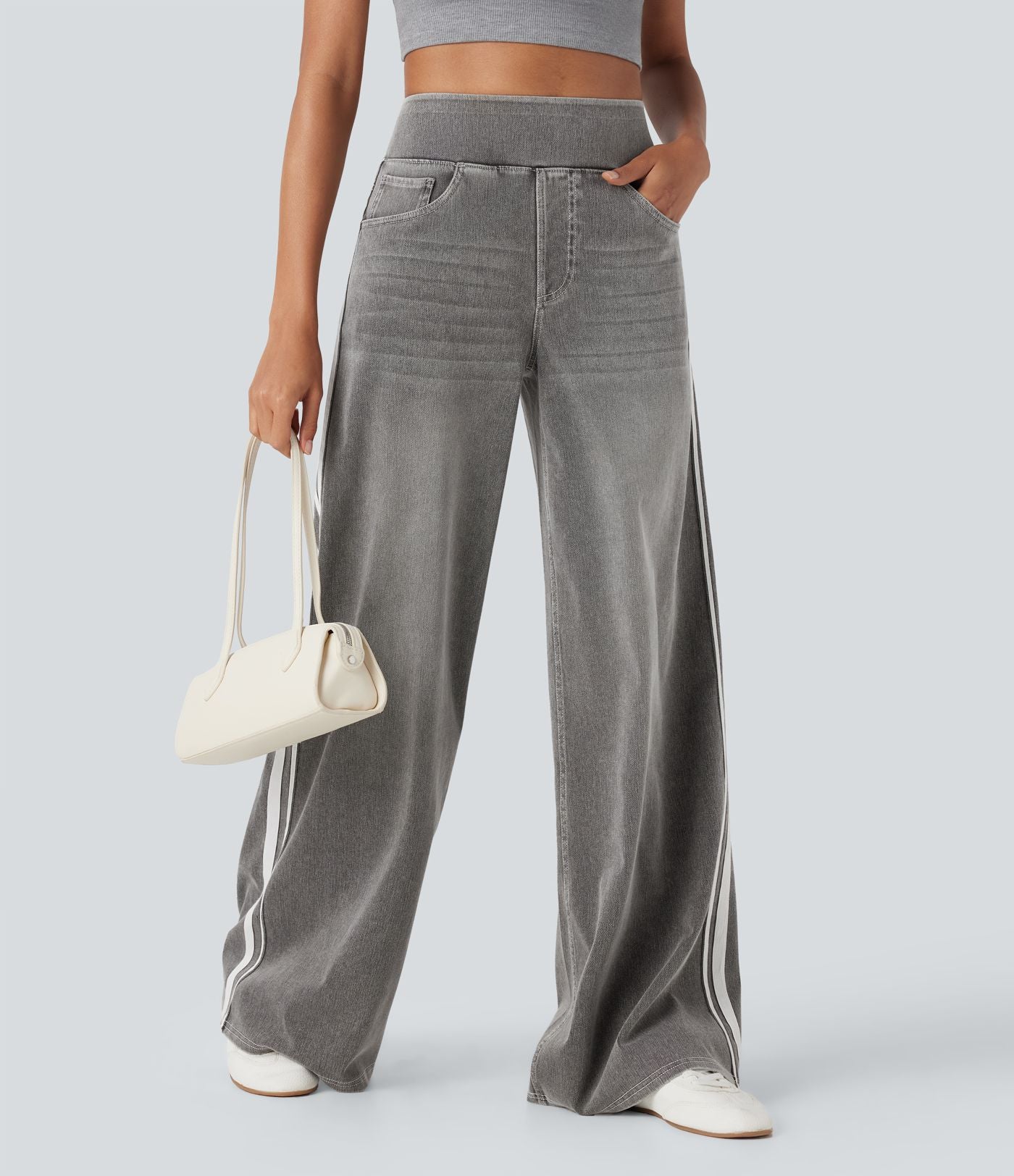 Halara Flex™ Jean large fluide délavé taille haute à rayures avec poches