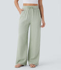 Pantalon large fluide taille haute avec cordon de serrage, poches latérales et aspect lin