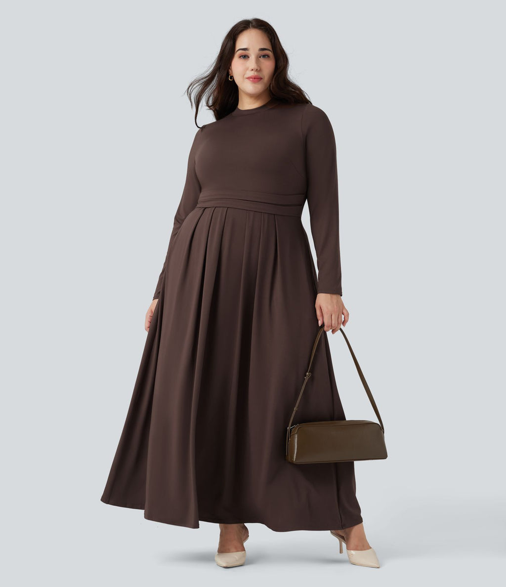 Robe décontractée maxi évasée grande taille col montant manches longues avec poches