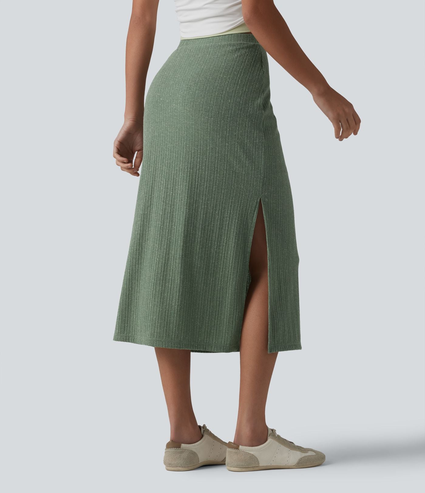 Jupe midi moulante côtelée taille haute aspect lin décontractée