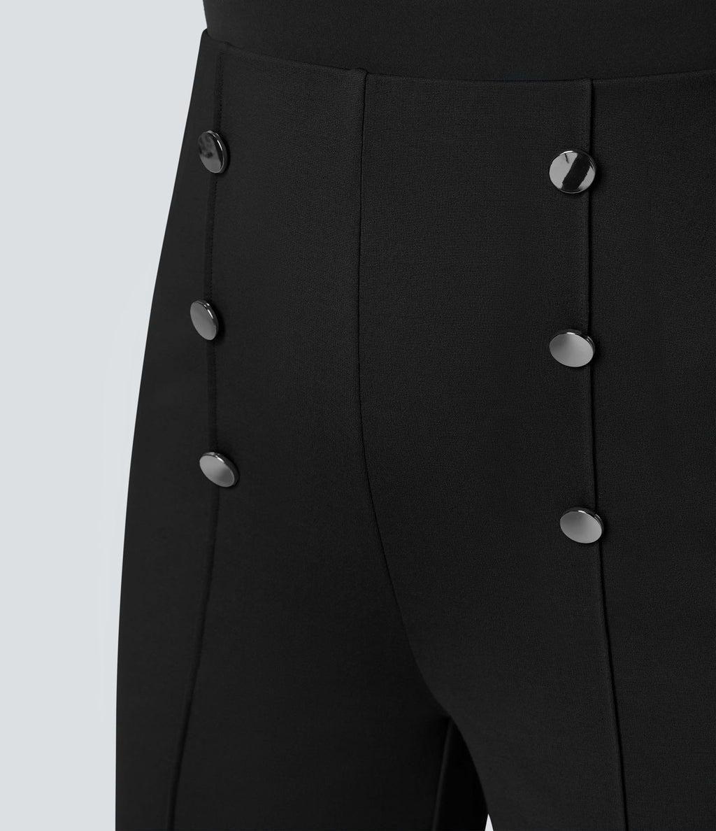 Pantalon Tailleur Large Taille Haute avec Bouton et Poches