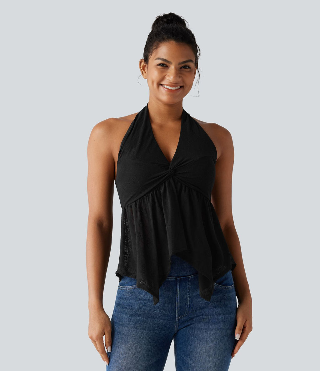 Chemisier casual en dentelle dos nu ourlet à volants avec brassière intégrée