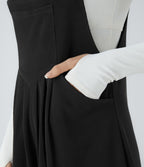Salopette Casual à Bretelles Ajustables en Tricot Côtelé avec Multiples Poches Plissée