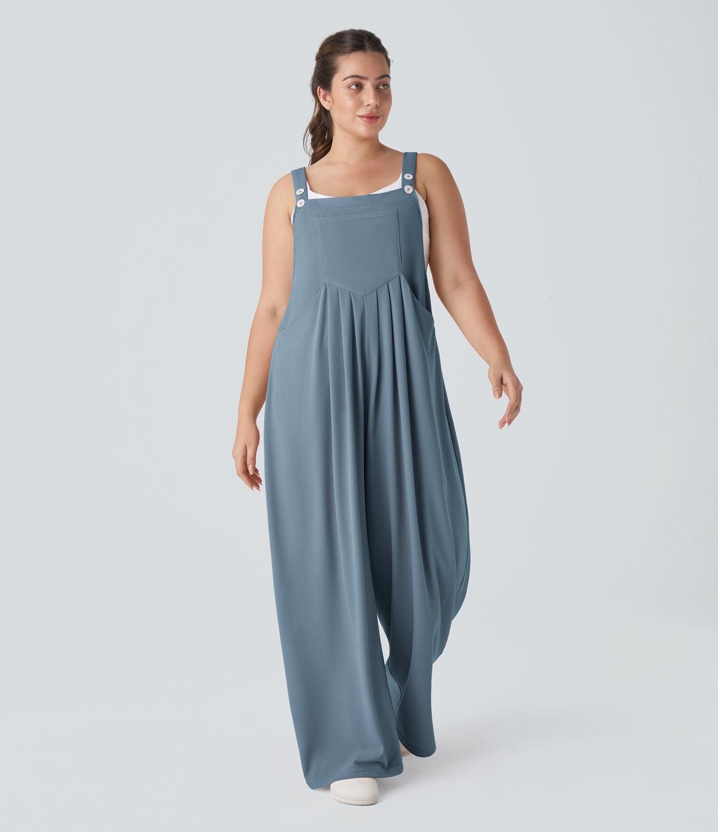 Salopette Casual Grande Taille en Gaufré avec Bretelles Ajustables Boutons et Poches Multiples