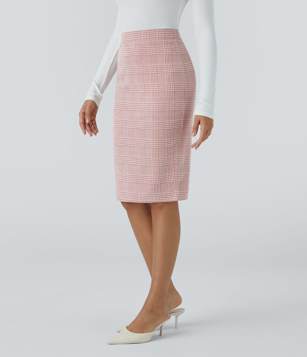 Jupe crayon de travail à taille haute, fente et motif pied-de-poule et carreaux