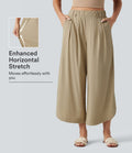 Pantalon large fluide casual raccourci taille haute avec ourlet arrondi, tissu extensible aspect lin et poches