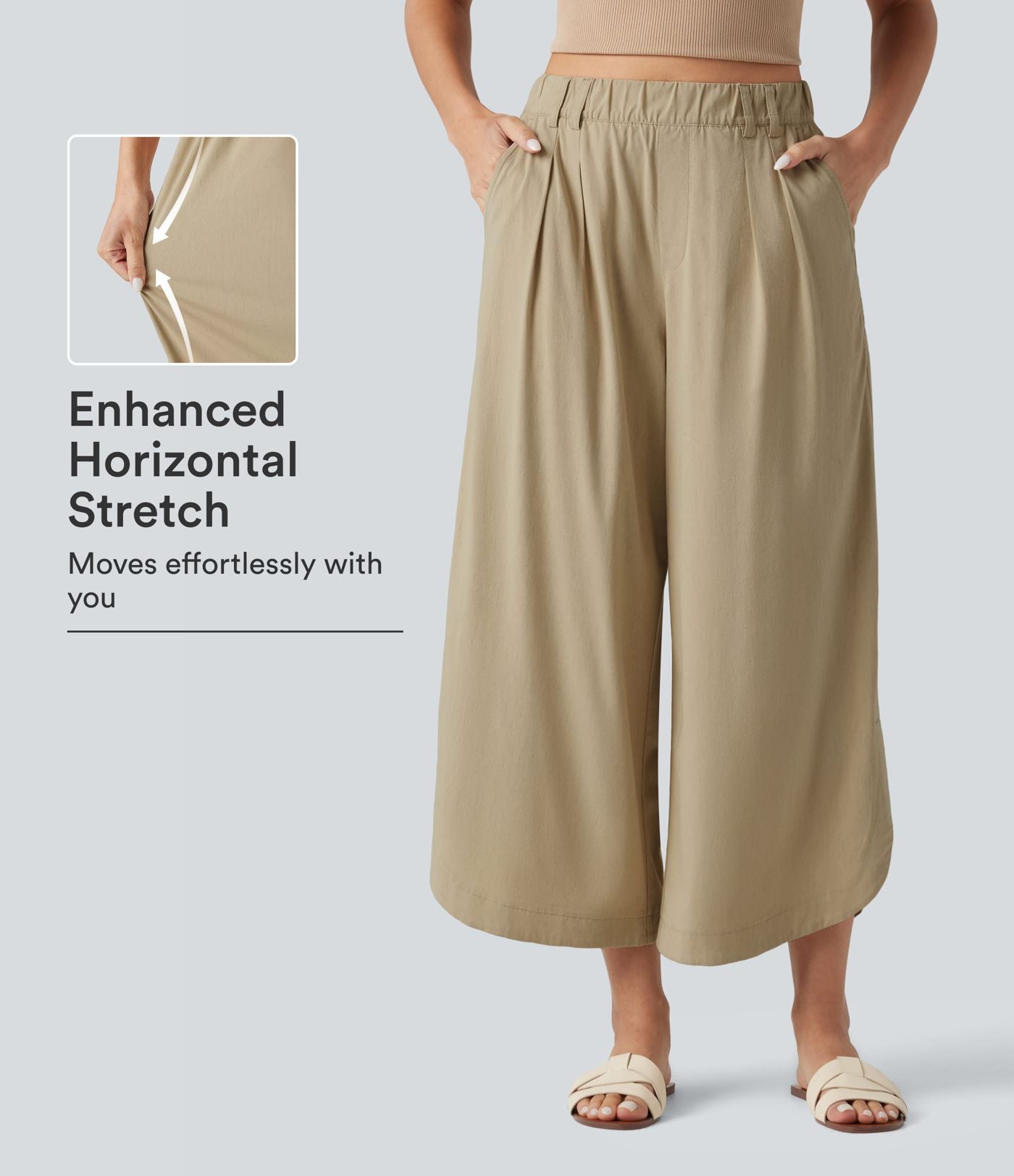 Pantalon large fluide casual raccourci taille haute avec ourlet arrondi, tissu extensible aspect lin et poches