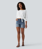 T-shirt casual en coton col bateau manches longues avec trous pour pouces et liens latéraux