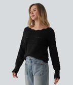 Pull décontracté col bateau manches longues maille ajourée