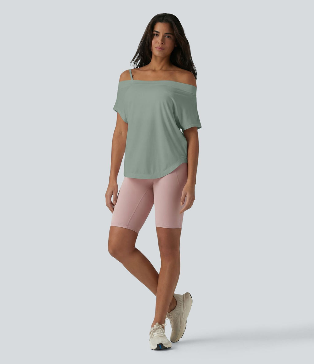 Top de yoga à une épaule, manches courtes, ourlet asymétrique et soutien-gorge intégré à séchage rapide