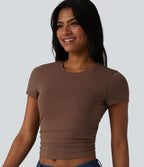 T-shirt casual Halara en jersey de coton col rond à manches courtes froncé avec brassière intégrée