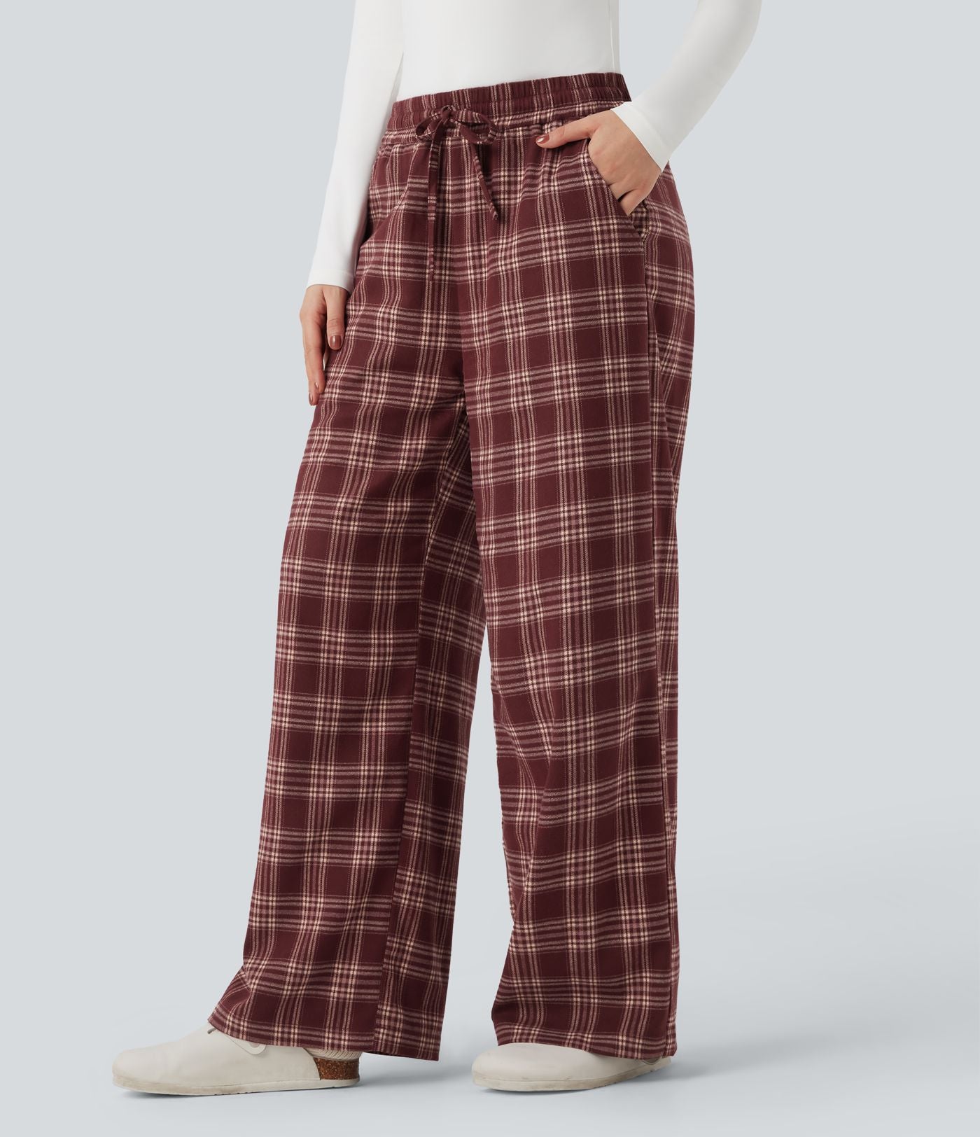 Pantalon baggy taille haute imprimé carreaux avec poches