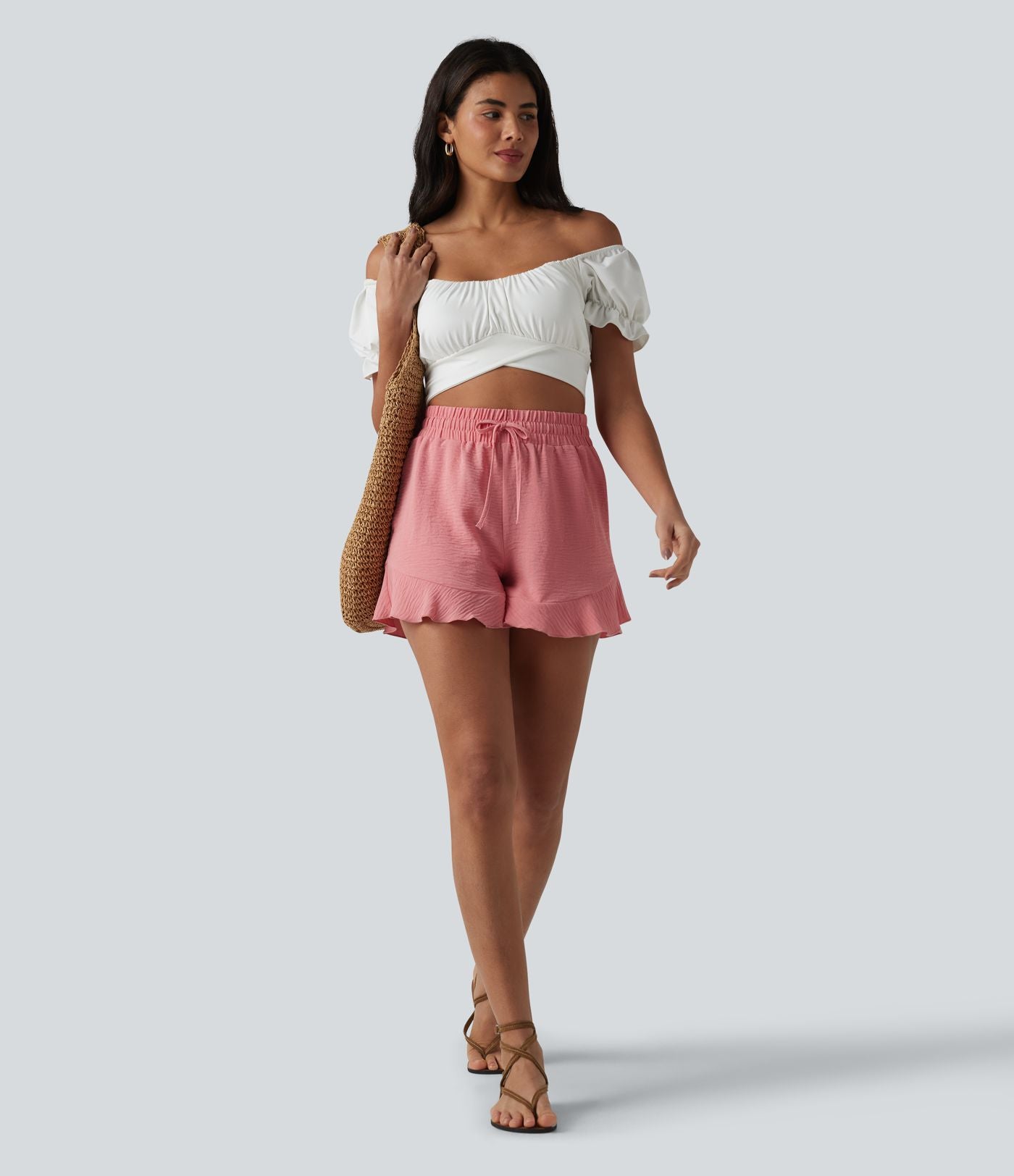 Short ample vacances taille haute cordon de serrage ourlet à volants aspect lin avec poches