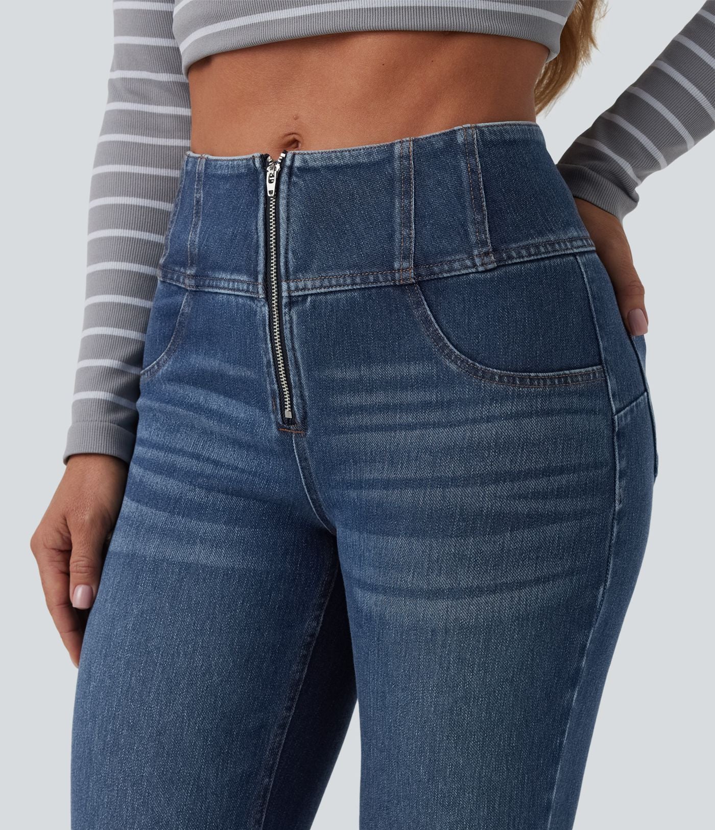 Jean évasé décontracté Halara Flex™ gainant taille mi-haute demi-zip avec poches