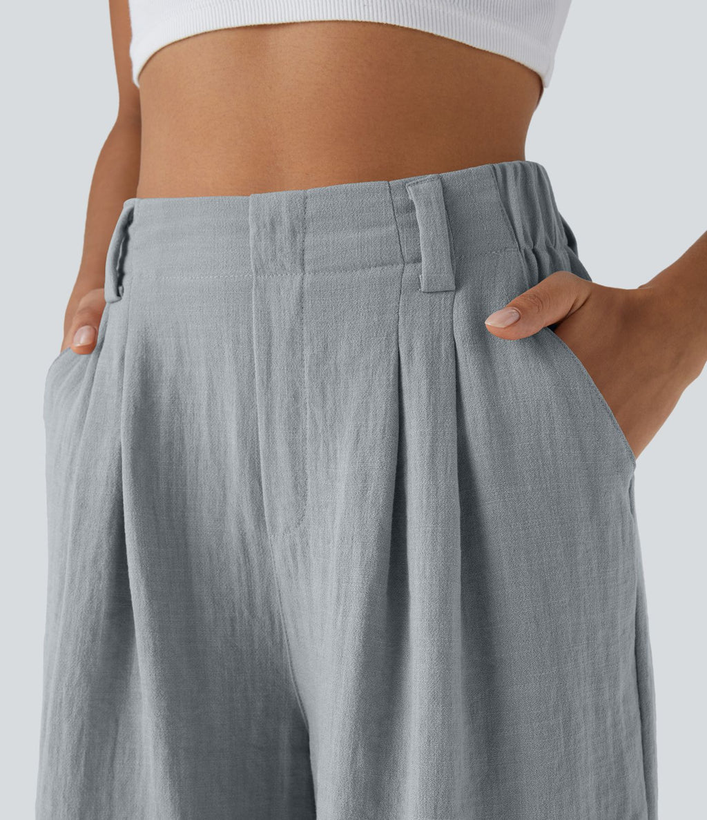 Bermuda Large Fluide Taille Haute avec Plis et Poches Latérales en Lin Synthétique