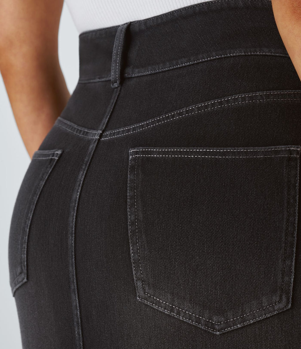Halara Flex™ Jupe en Jean Casual Mi-Longue Délavé Extensible Plusieurs Poches Taille Haute