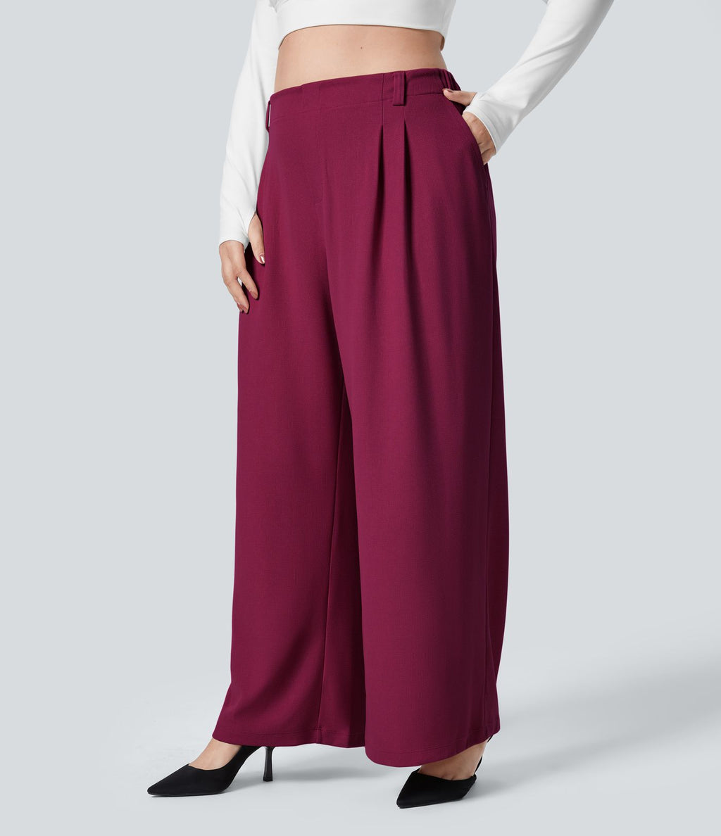 Halara Flex™ Pantalon tailleur Grande taille à Taille Haute, Poches Latérales Plissées, Jambes Larges, en Tissu Gaufré