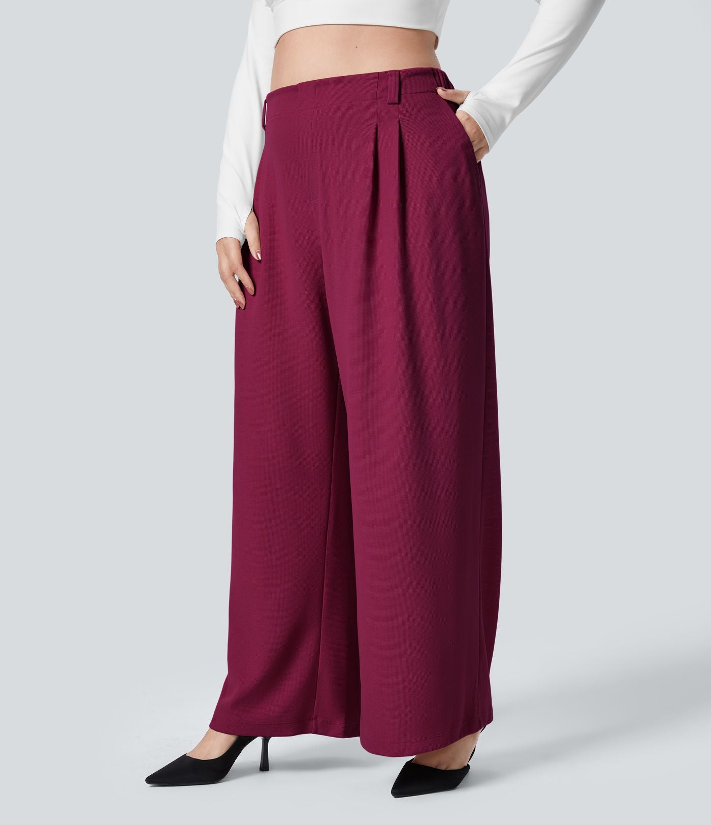 Halara Flex™ Pantalon tailleur Grande taille à Taille Haute, Poches Latérales Plissées, Jambes Larges, en Tissu Gaufré