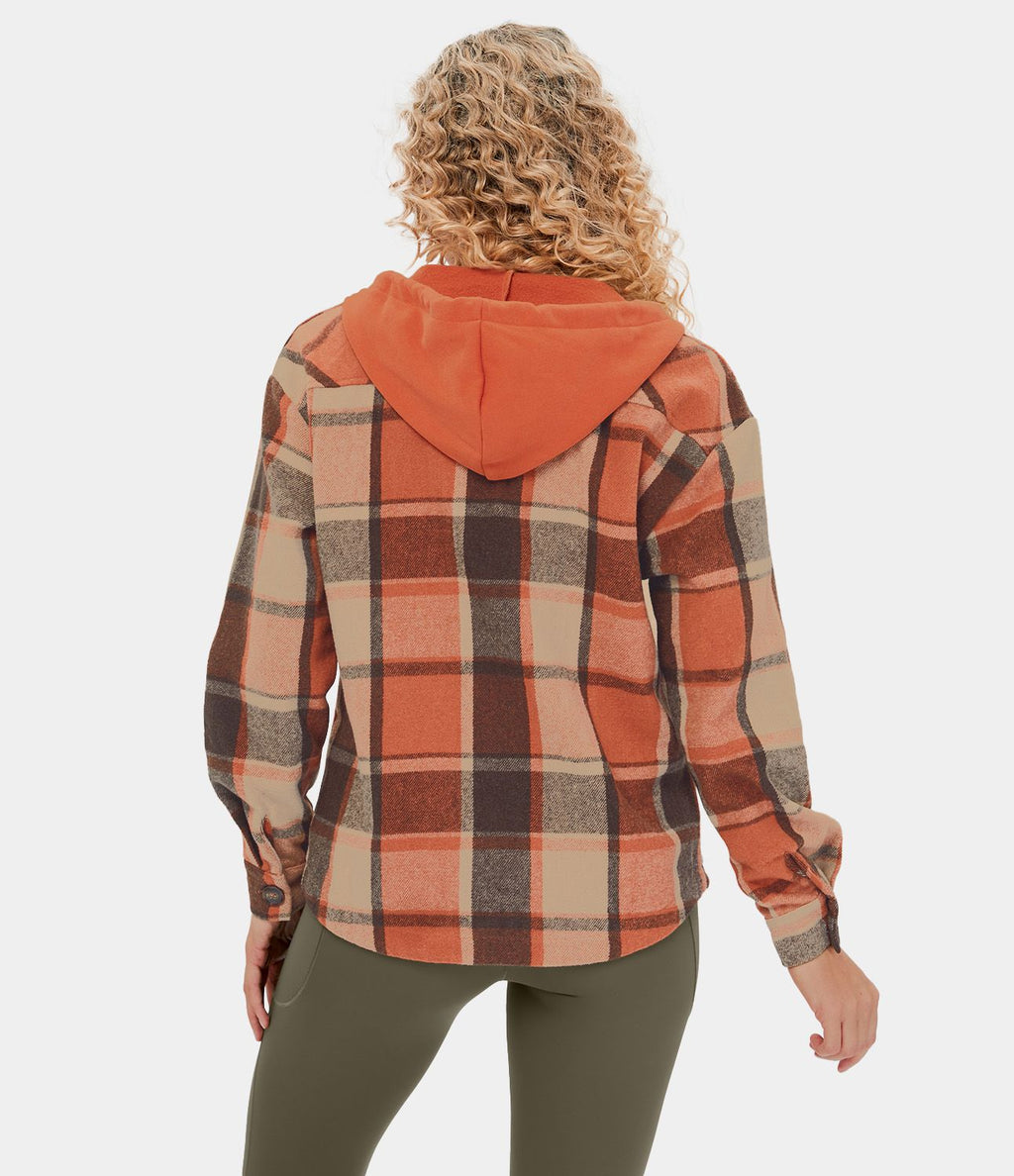 Veste de Casual à Carreaux en Polaire à Capuche avec Cordon de Serrage Boutons et Poches Latérales