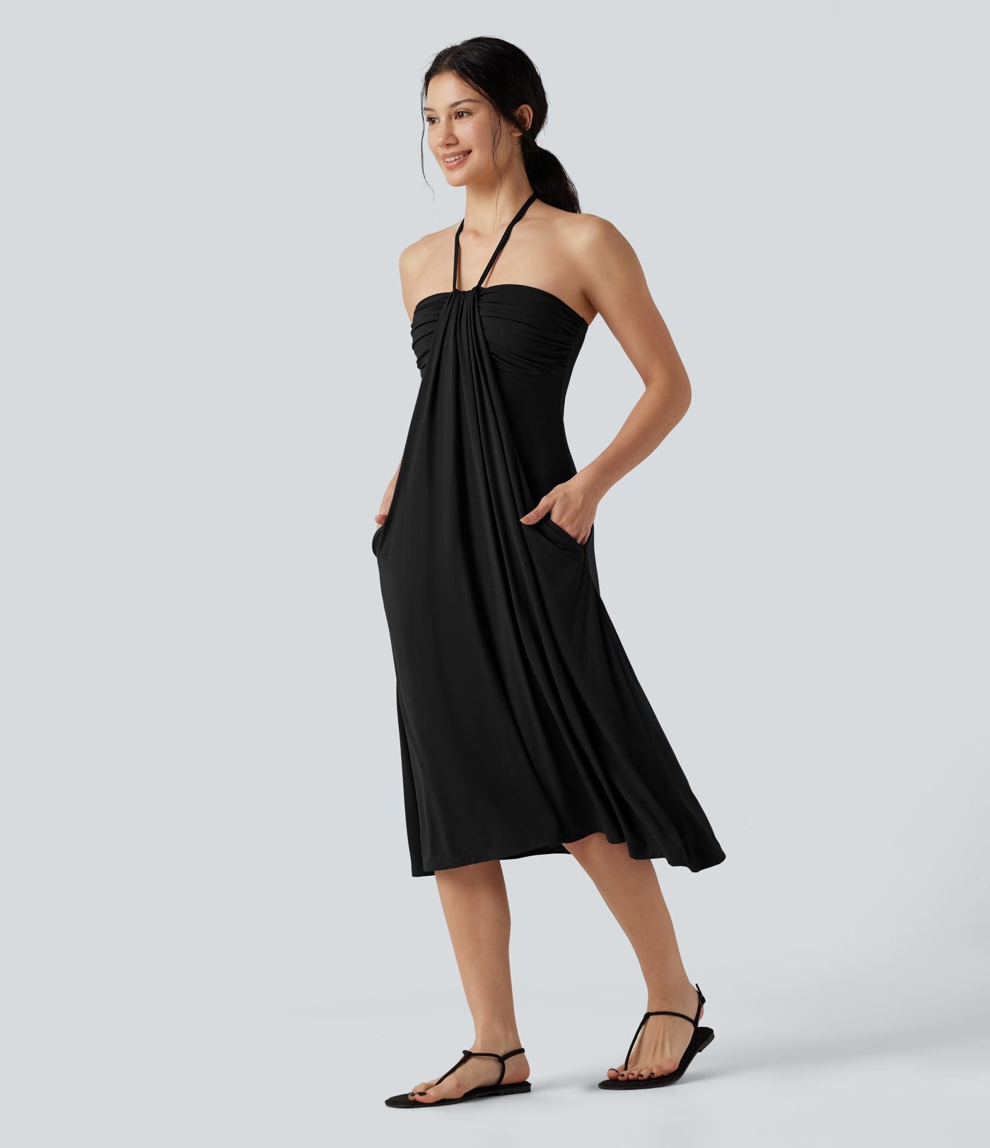 Robe midi trapèze dos-nu à nouer, à poches