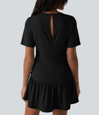 Robe mini casual 2 pièces col rond manches courtes dos goutte d'eau avec poches