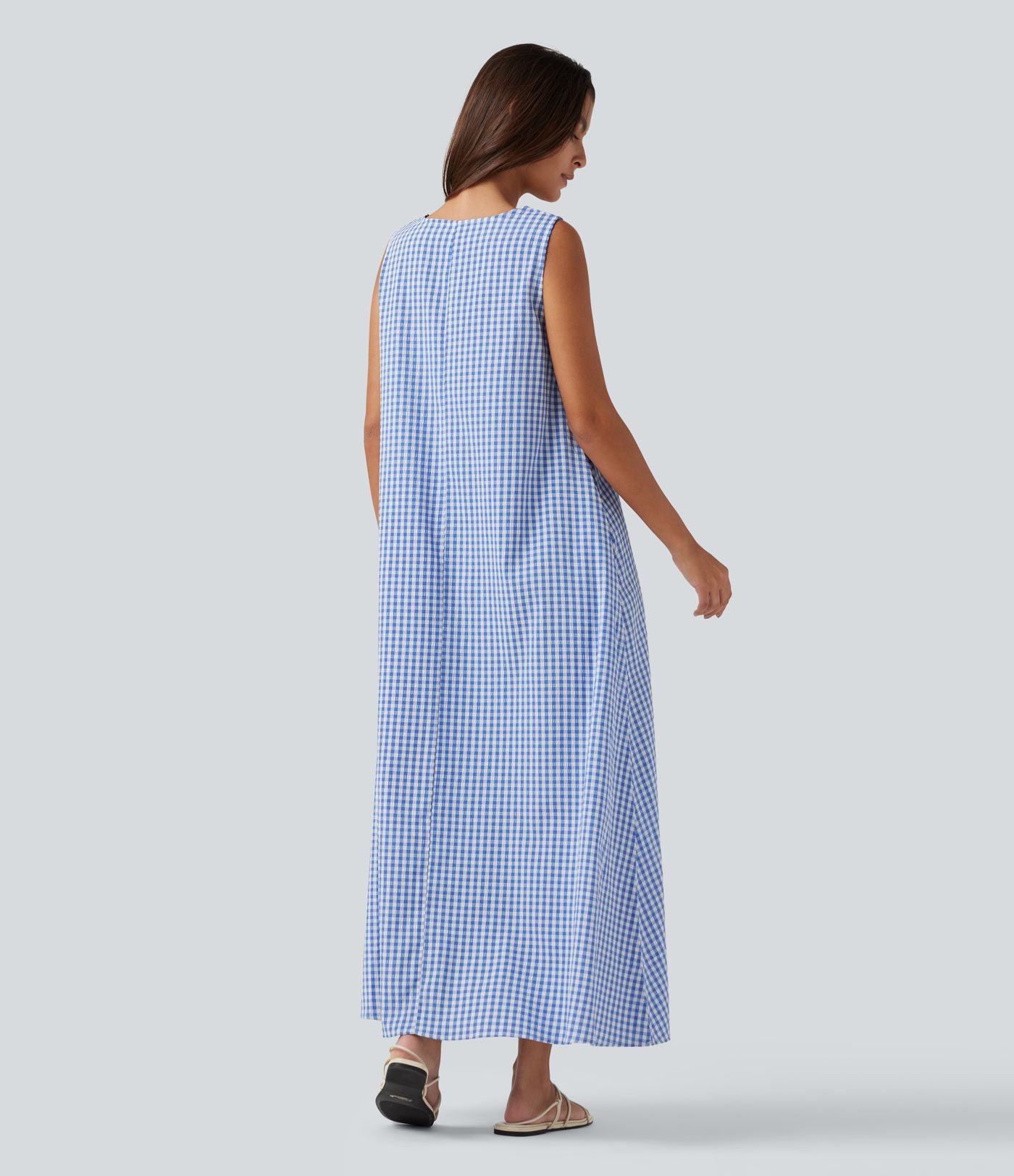 Robe débardeur midi décontractée col rond sans manches en vichy froissé avec poches