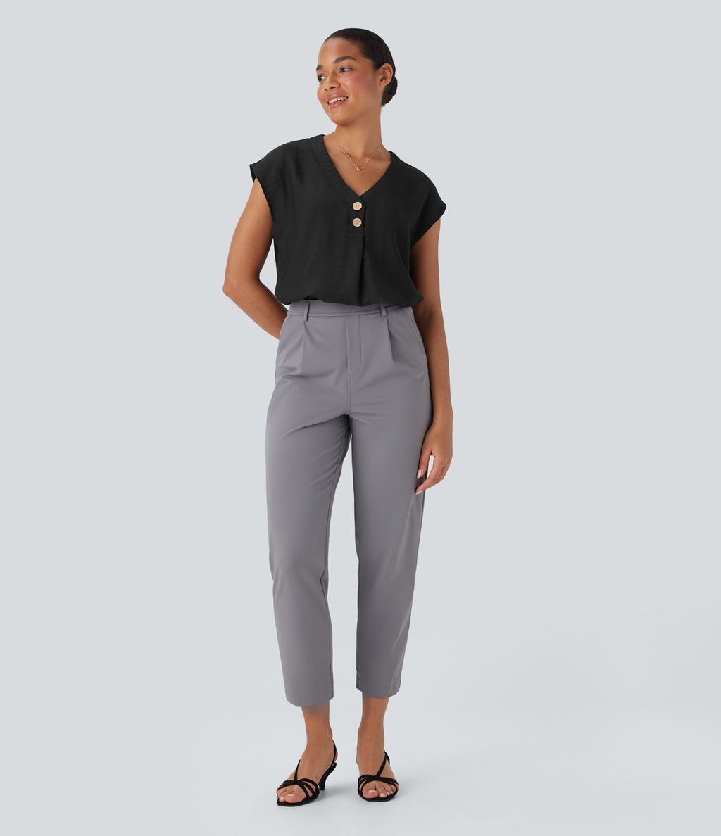 Blouse de Travail Col V Manches Courtes avec Boutons Décoratifs
