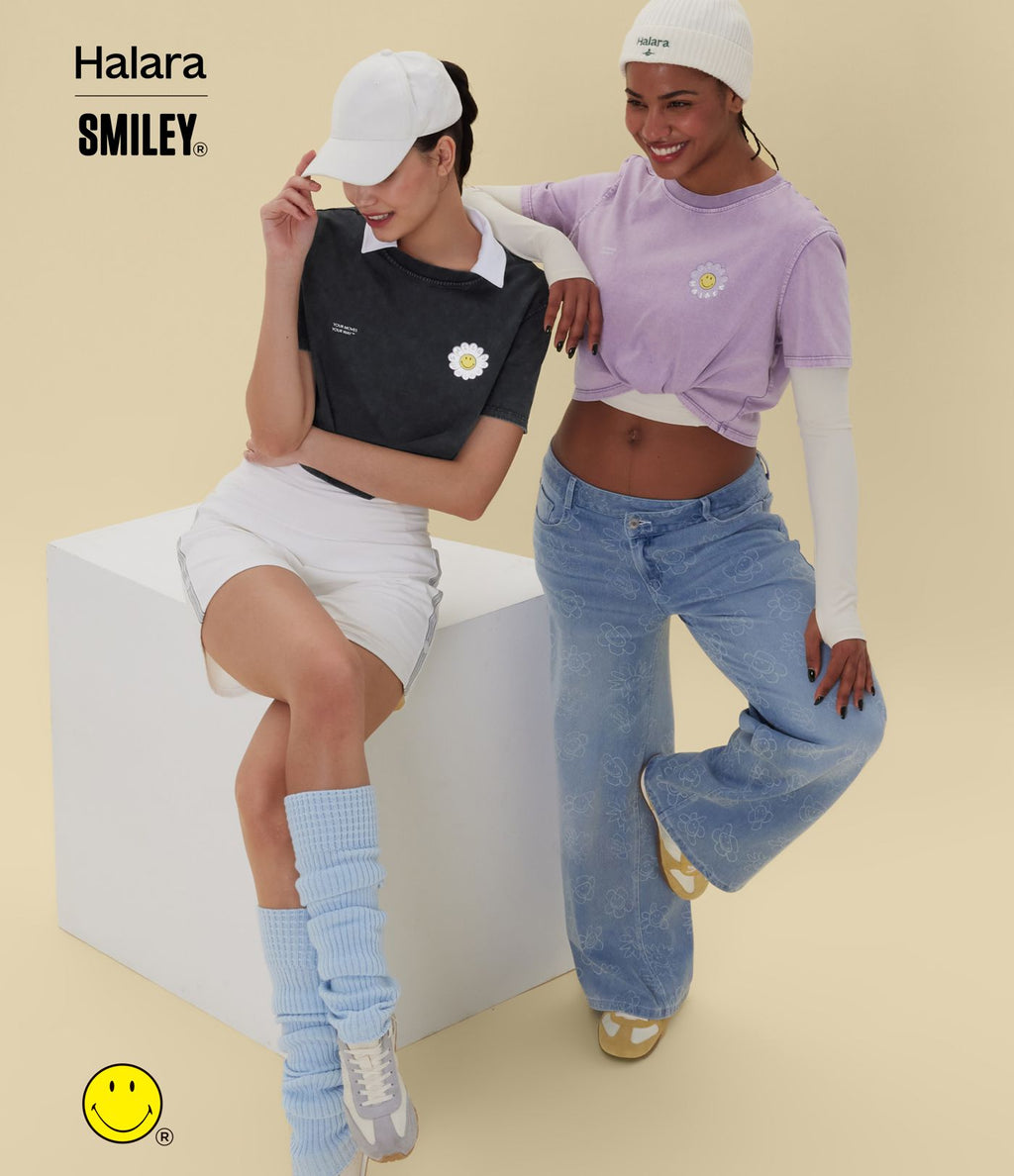 T-shirt casual en coton délavé Halara X Smiley® col rond à manches courtes