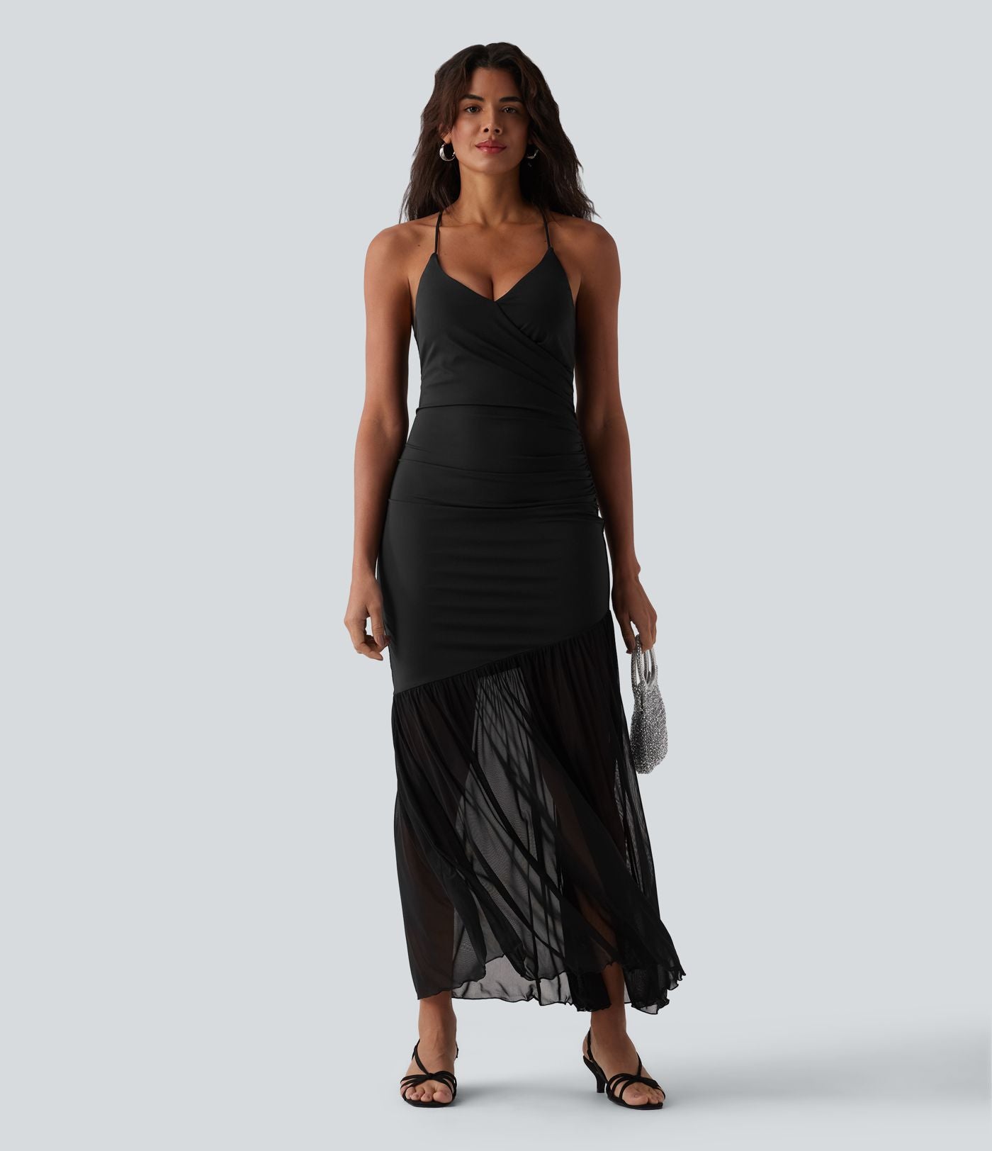 Robe maxi fluide bretelles décolleté cœur à lacer maille contrastante
