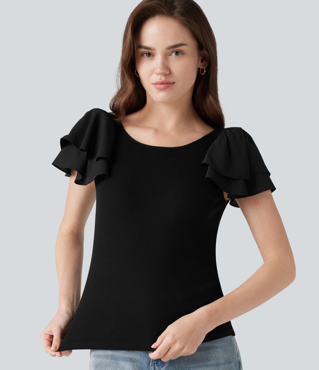 Blouse décontractée col rond à manches à volants étagées