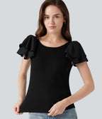Blouse décontractée col rond à manches à volants étagées