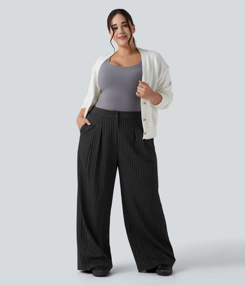 Pantalon tailleur large grande taille taille haute à rayures avec poches