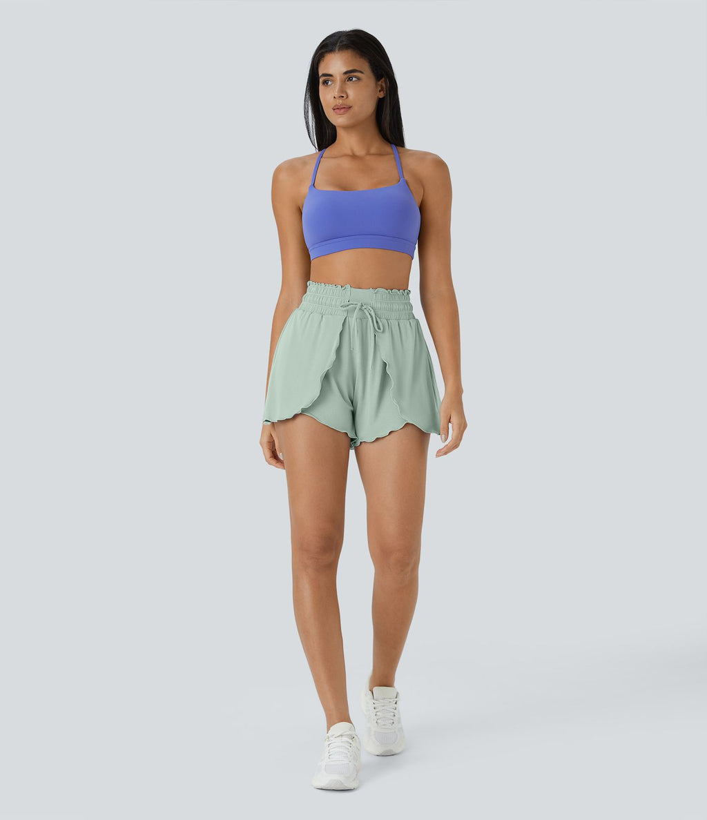 Short Casual 7,5cm Empilé Taille Haute Bordures Volantées Taille Élastique Cordon de Serrage