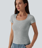 T-shirt Halara décontracté en jersey de coton, col carré, manches courtes, coupe ultra-ajustée effet chiné