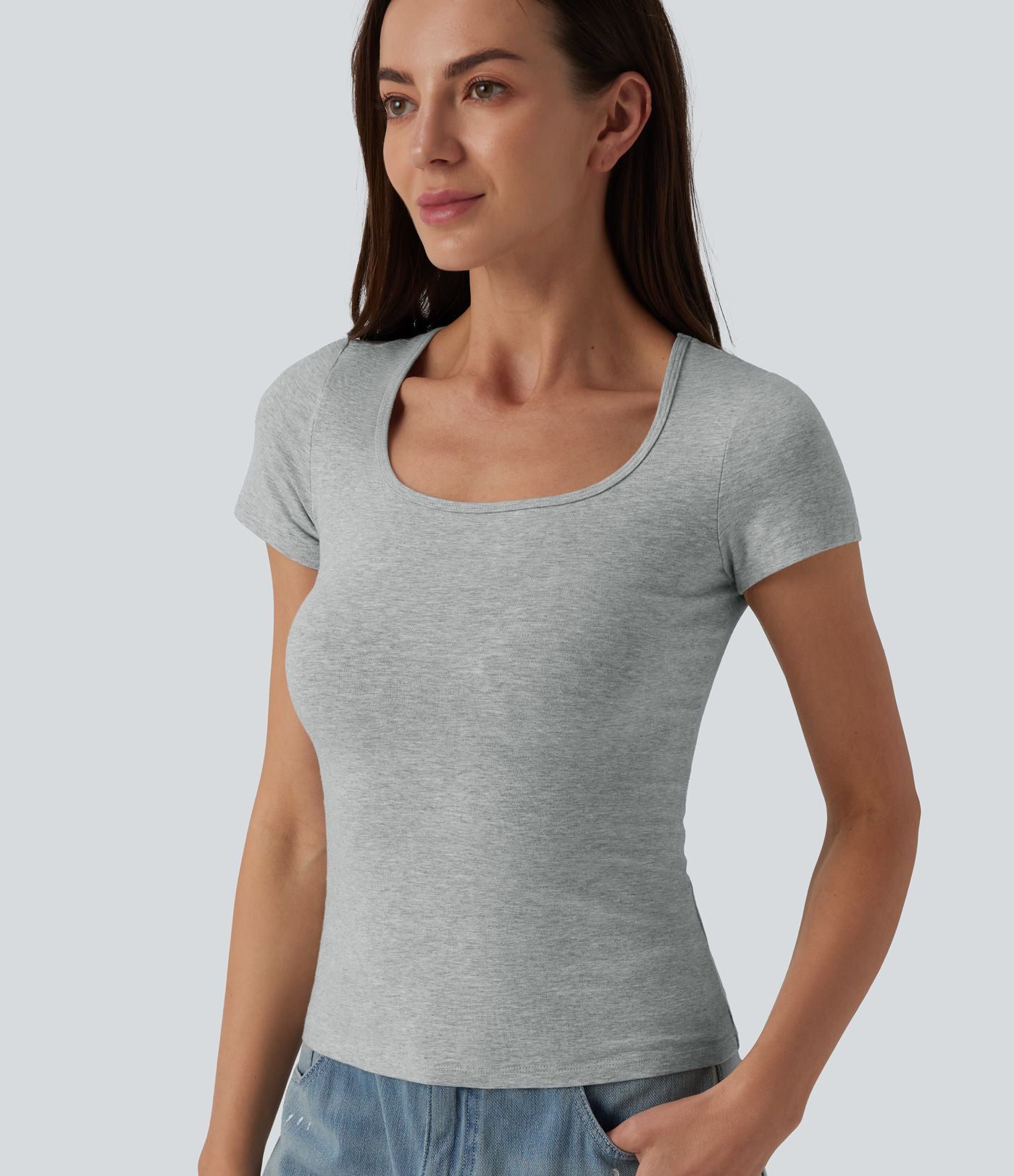 T-shirt Halara décontracté en jersey de coton, col carré, manches courtes, coupe ultra-ajustée effet chiné