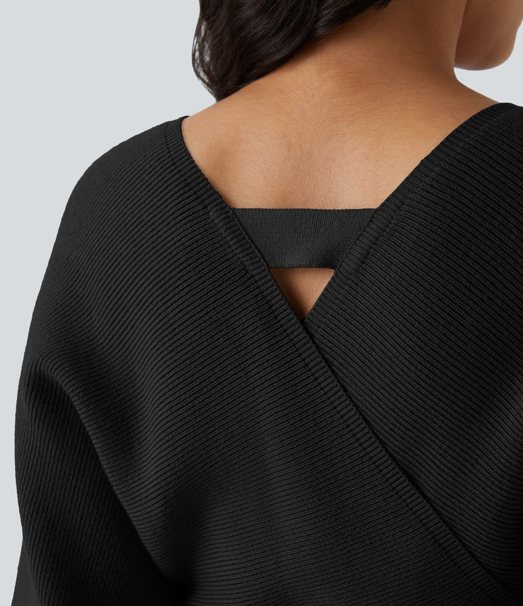 Robe-pull courte décontractée à col V croisé, manches chauve-souris longues et ceinture