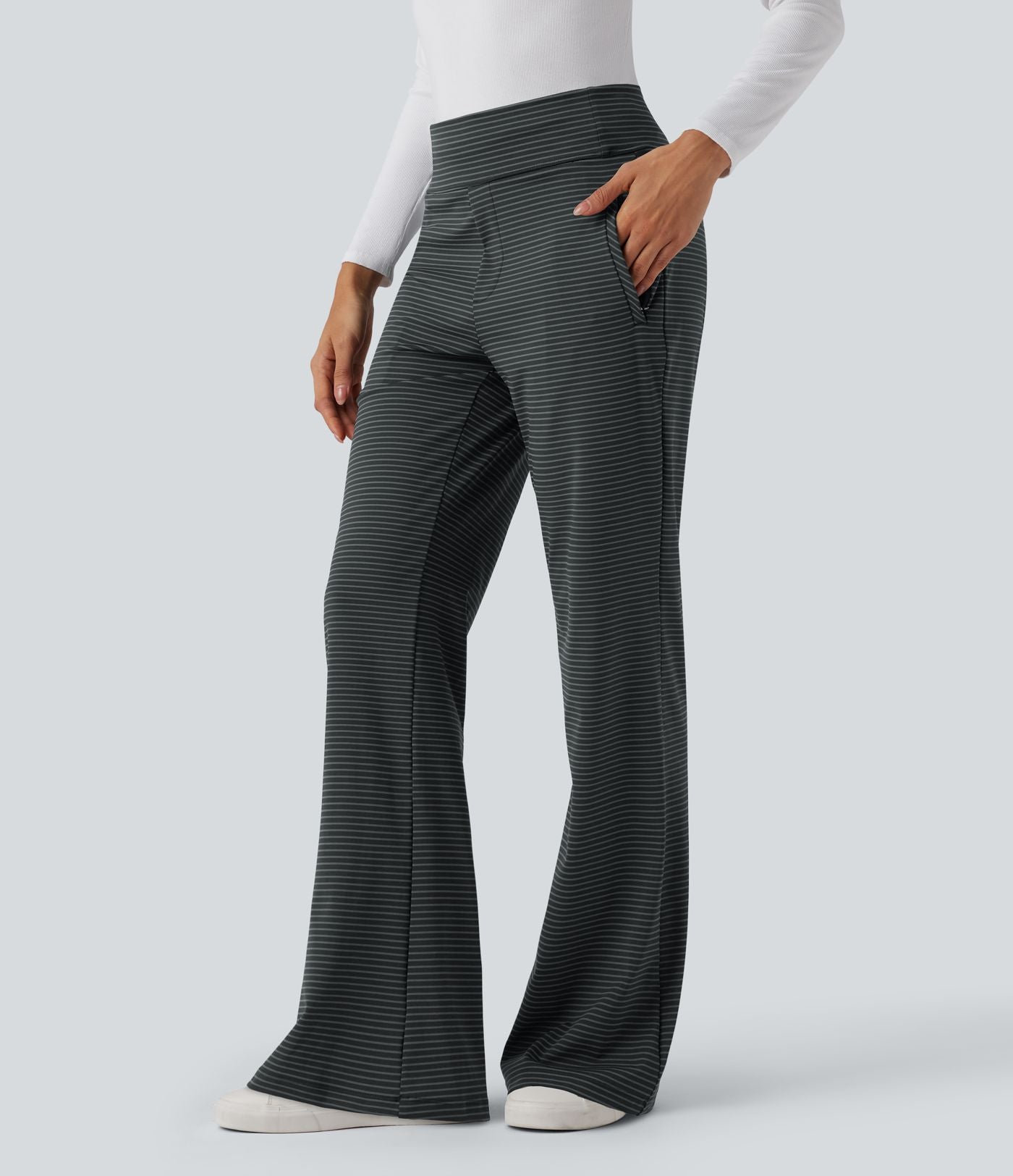 Pantalon de travail évasé taille mi-haute à rayures avec poches zippées