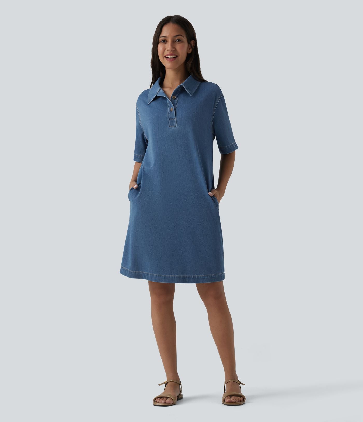 Halara Flex™ Robe courte en denim col classique manches courtes avec poches