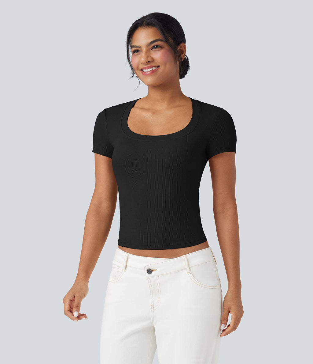 T-shirt décontracté maille côtelée manches courtes