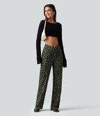 Pantalon large décontracté taille haute croisé imprimé léopard en tissu gaufré avec poches