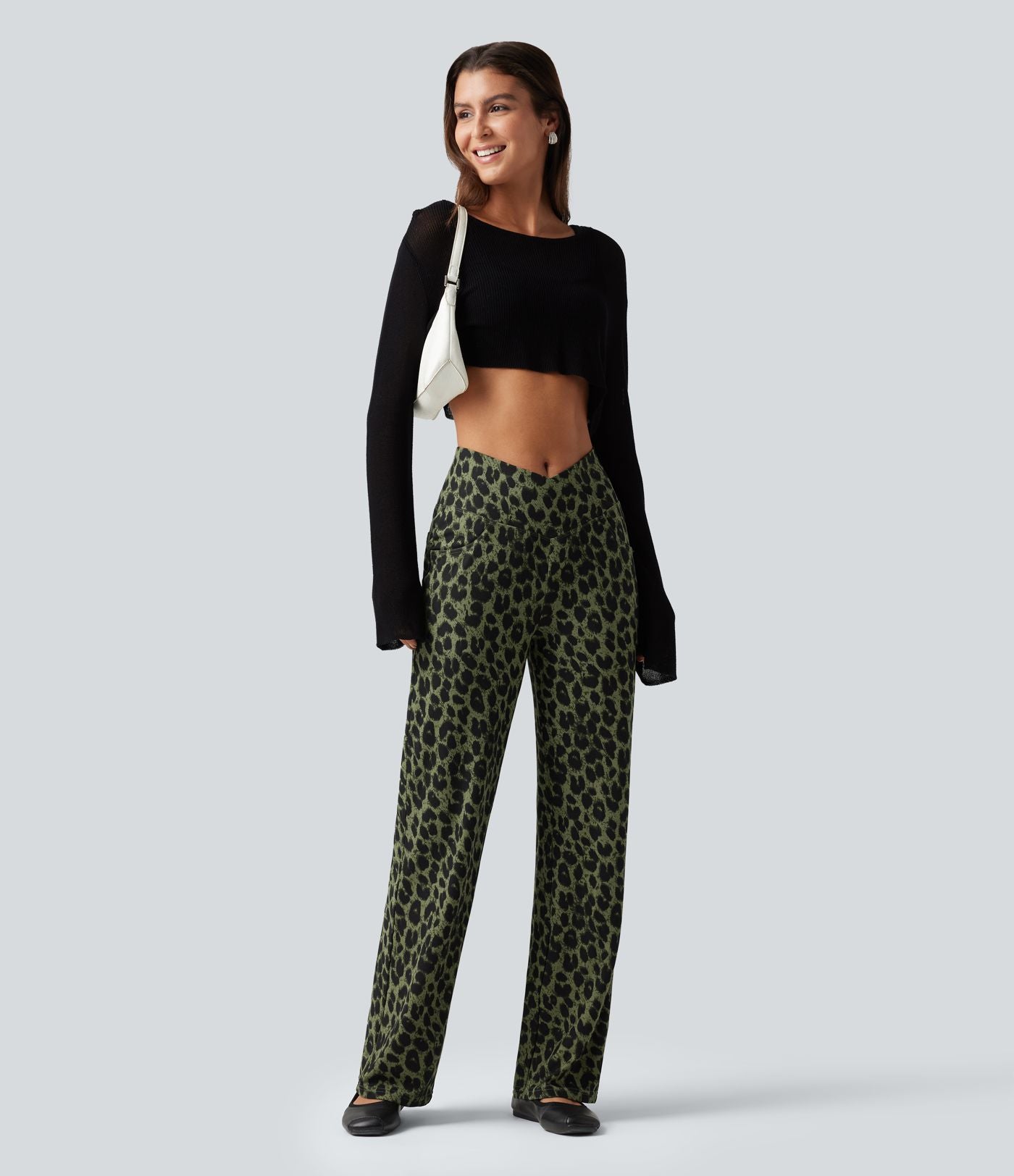 Pantalon large décontracté taille haute croisé imprimé léopard en tissu gaufré avec poches